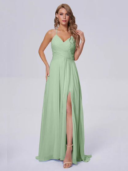 Dusty Sage Bridesmaid Unique Spaghetti Straps Maxi Chiffon Bridesmaid Dresses with Slit