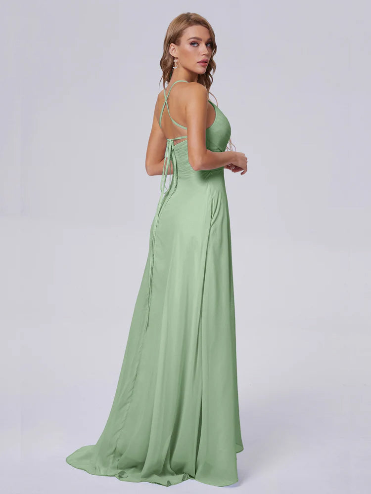 Dusty Sage Bridesmaid Unique Spaghetti Straps Maxi Chiffon Bridesmaid Dresses with Slit
