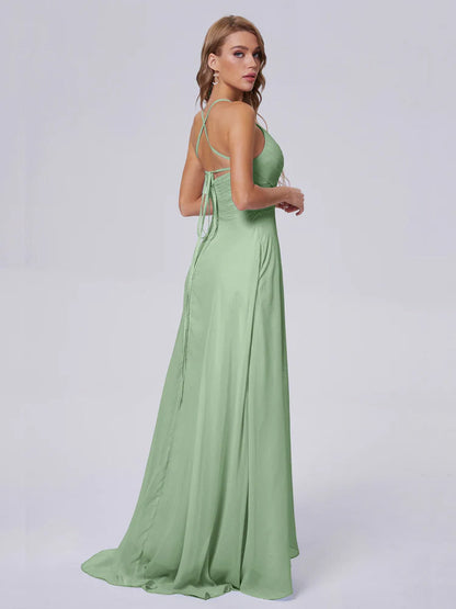 Dusty Sage Bridesmaid Unique Spaghetti Straps Maxi Chiffon Bridesmaid Dresses with Slit