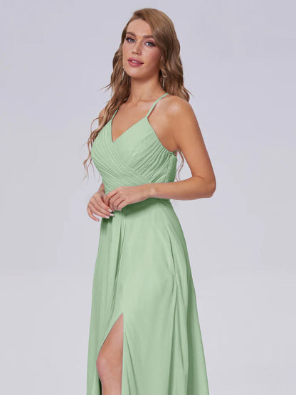 Dusty Sage Bridesmaid Unique Spaghetti Straps Maxi Chiffon Bridesmaid Dresses with Slit