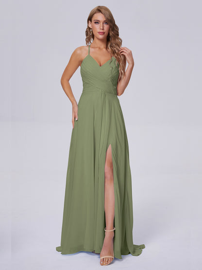 Bridesmaid Dress Olive Green Unique Spaghetti Straps Maxi Chiffon Bridesmaid Dresses with Slit