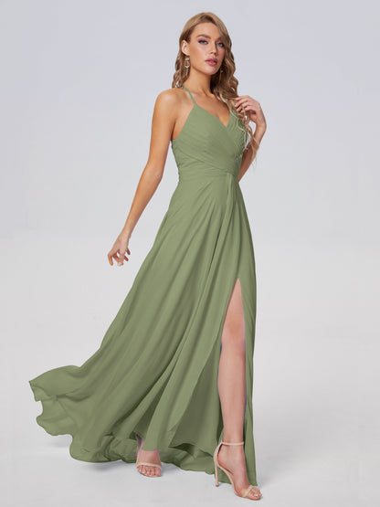 Bridesmaid Dress Olive Green Unique Spaghetti Straps Maxi Chiffon Bridesmaid Dresses with Slit