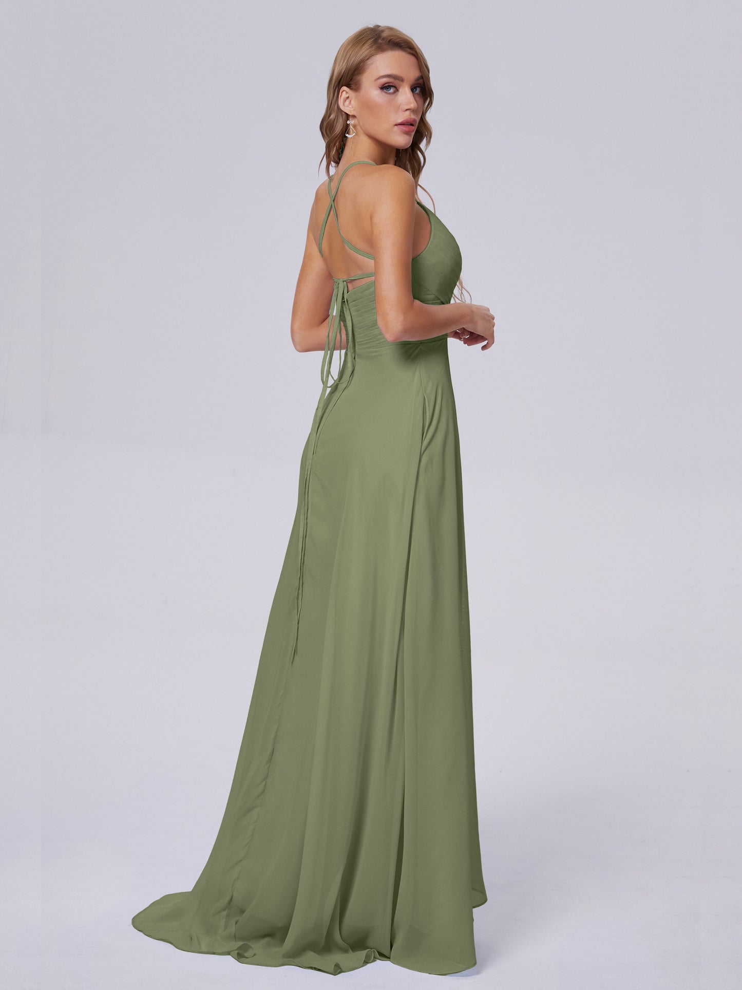 Bridesmaid Dress Olive Green Unique Spaghetti Straps Maxi Chiffon Bridesmaid Dresses with Slit