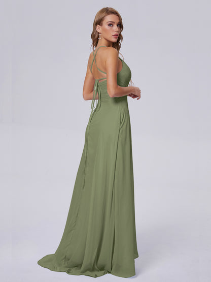 Bridesmaid Dress Olive Green Unique Spaghetti Straps Maxi Chiffon Bridesmaid Dresses with Slit