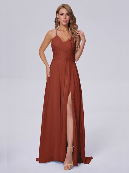 Rust Bridesmaid Dress Unique Spaghetti Straps Maxi Chiffon Bridesmaid Dresses with Slit