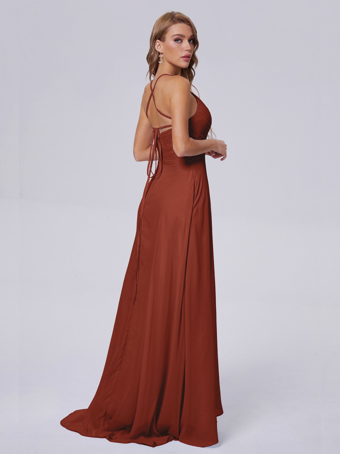 Rust Bridesmaid Dress Unique Spaghetti Straps Maxi Chiffon Bridesmaid Dresses with Slit