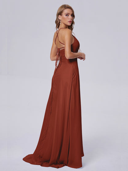 Rust Bridesmaid Dress Unique Spaghetti Straps Maxi Chiffon Bridesmaid Dresses with Slit