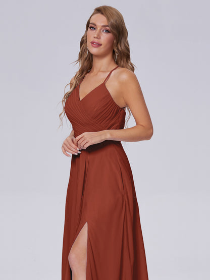 Rust Bridesmaid Dress Unique Spaghetti Straps Maxi Chiffon Bridesmaid Dresses with Slit