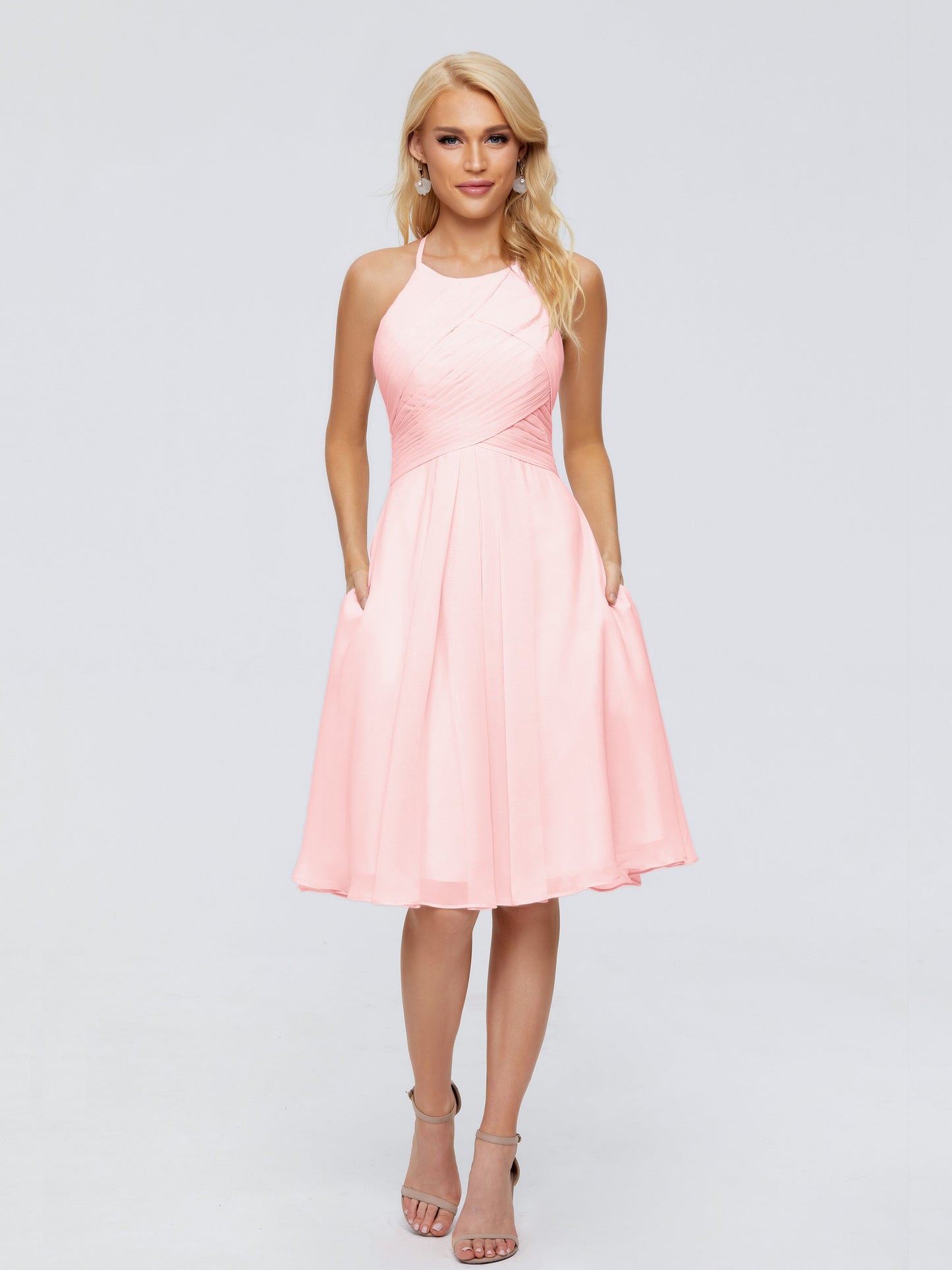 Molly Halter Knee Length Chiffon Bridesmaid Dresses With Pockets