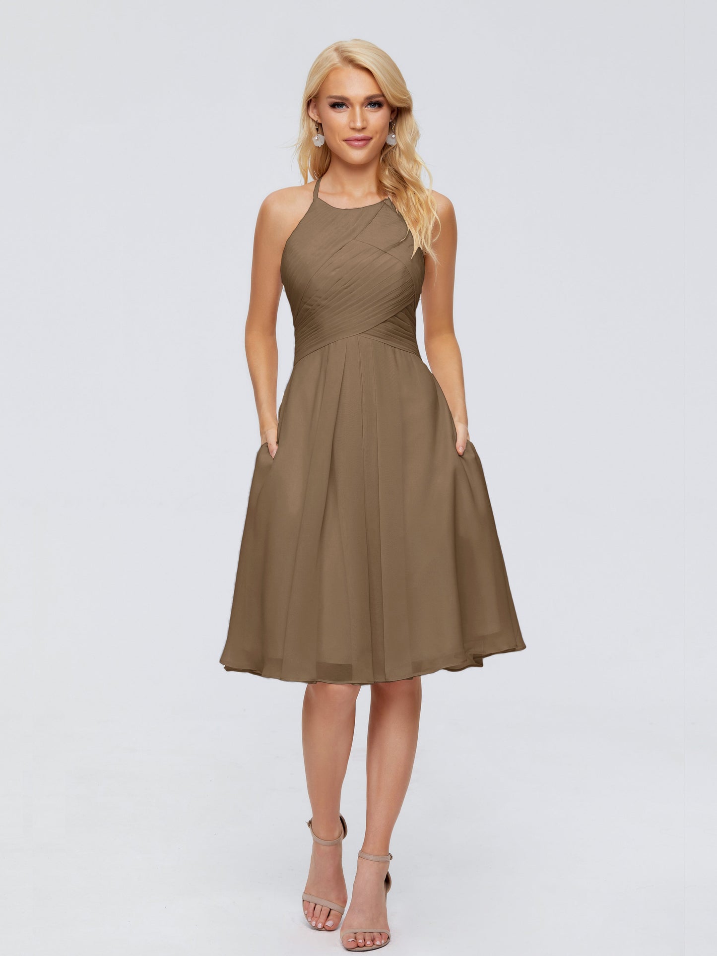 Molly Halter Knee Length Chiffon Bridesmaid Dresses With Pockets