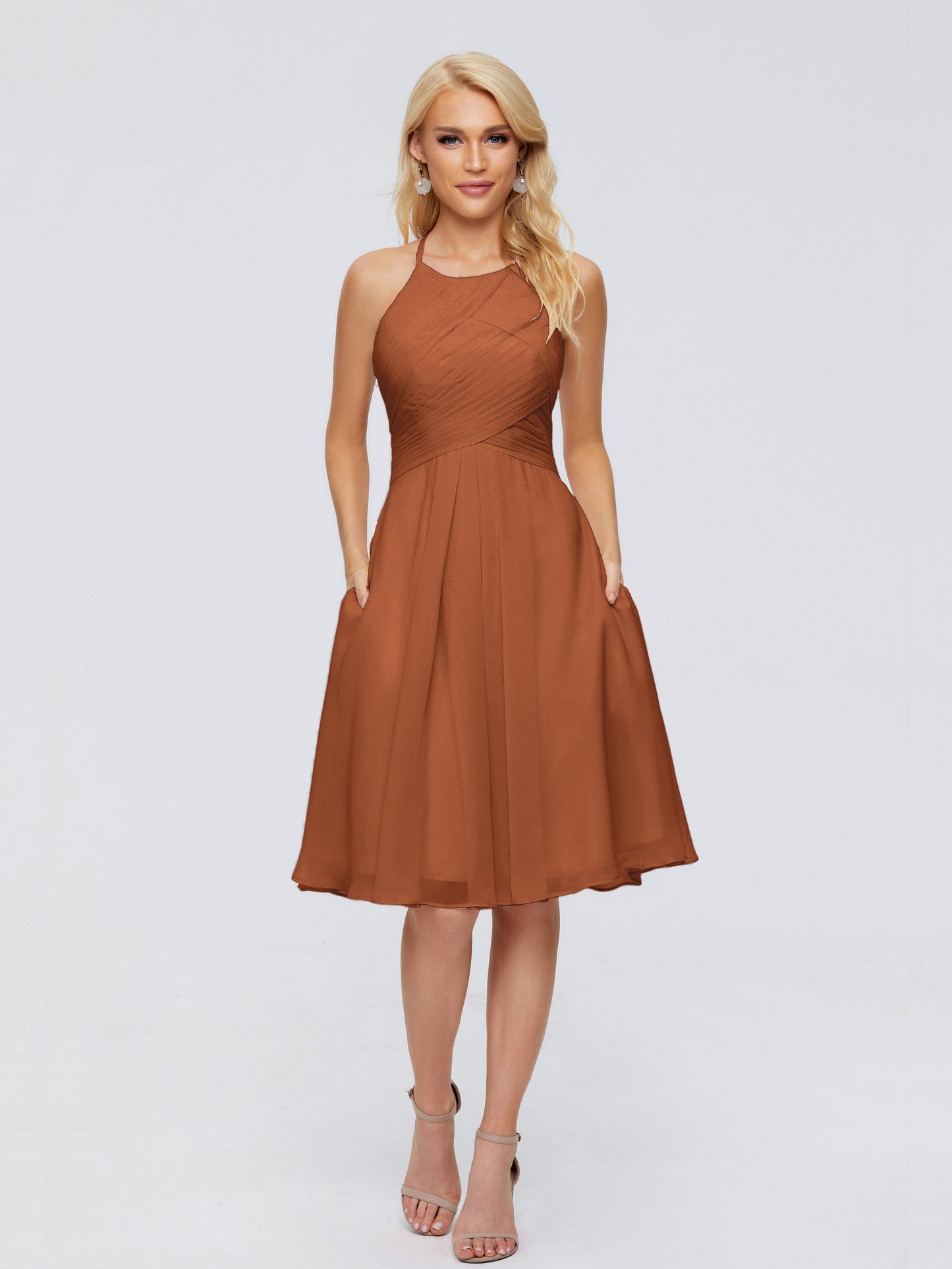 Molly Halter Knee Length Chiffon Bridesmaid Dresses With Pockets