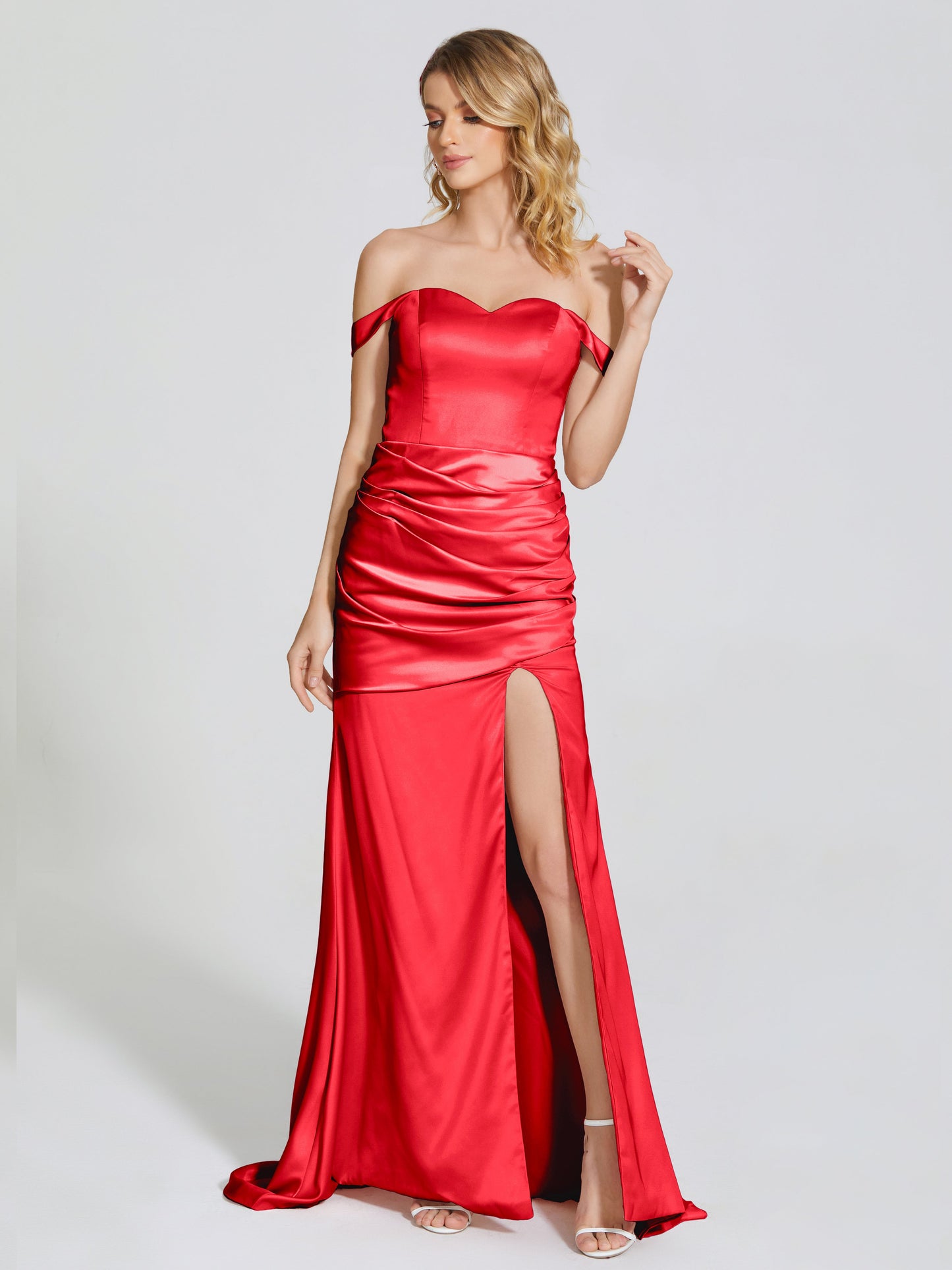 Alivia Off-Shoulder Side Slit Soft Satin Bridesmaid Dress