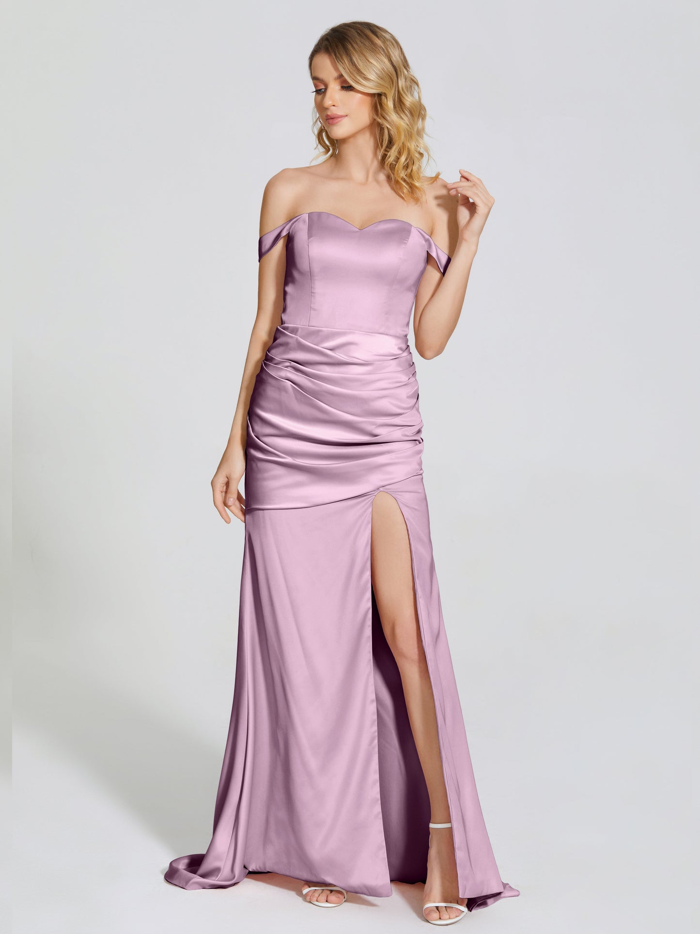 Alivia Off-Shoulder Side Slit Soft Satin Bridesmaid Dress