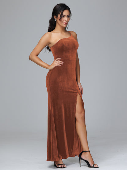 One Shoulder Plus Size Velvet Bridesmaid Dress With Slit