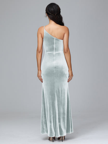 One Shoulder Plus Size Velvet Bridesmaid Dress With Slit