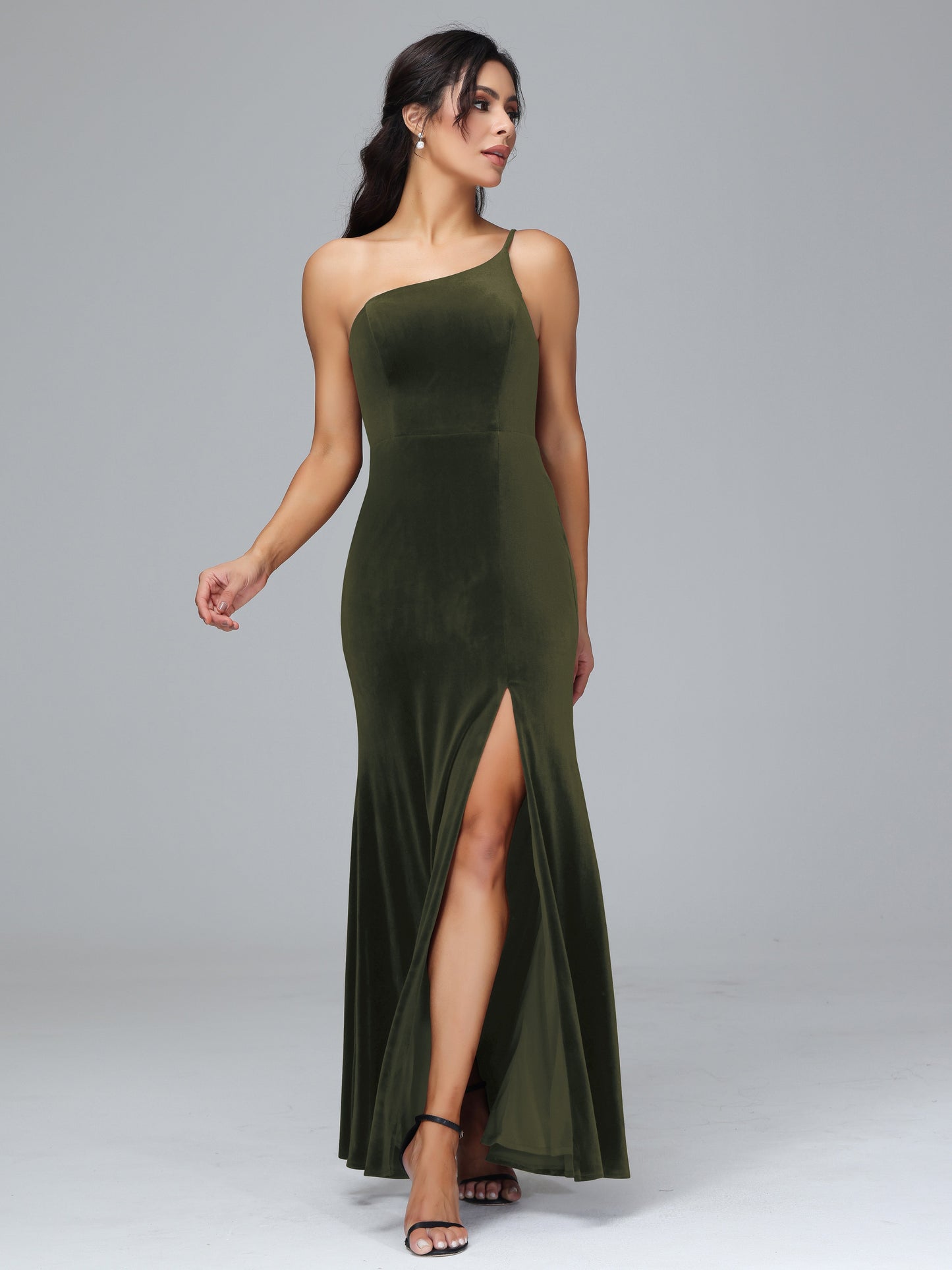 One Shoulder Plus Size Velvet Bridesmaid Dress With Slit