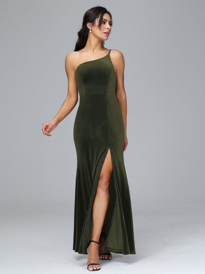 One Shoulder Plus Size Velvet Bridesmaid Dress With Slit