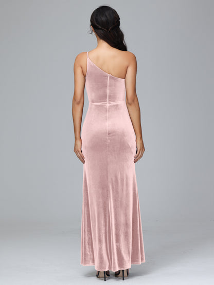 One Shoulder Plus Size Velvet Bridesmaid Dress With Slit