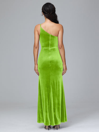 One Shoulder Plus Size Velvet Bridesmaid Dress With Slit