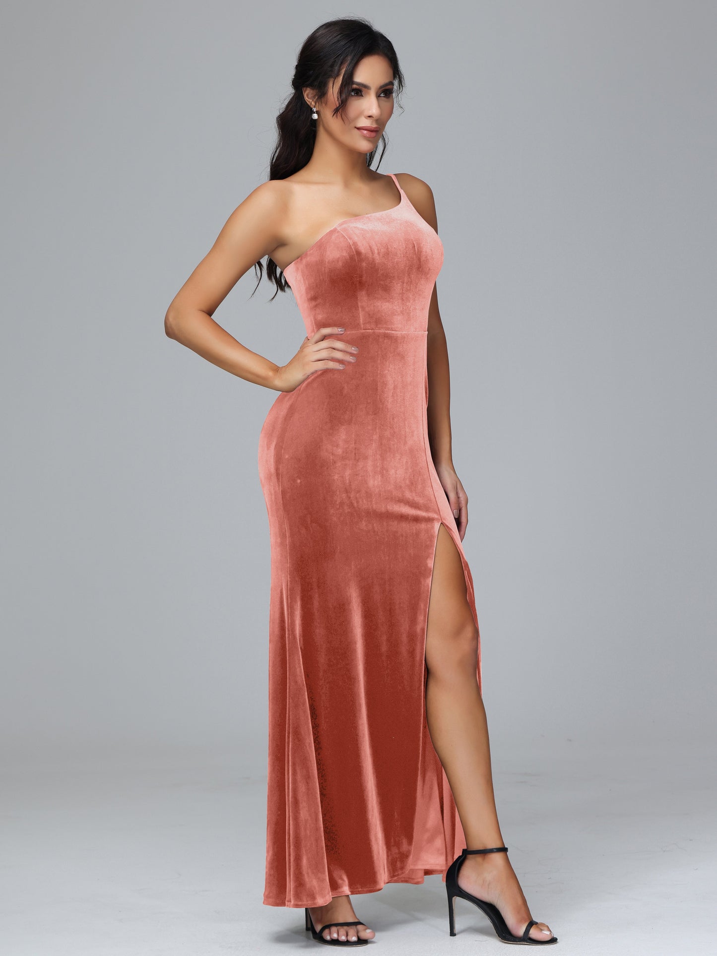 One Shoulder Plus Size Velvet Bridesmaid Dress With Slit
