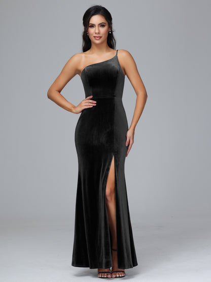 One Shoulder Plus Size Velvet Bridesmaid Dress With Slit