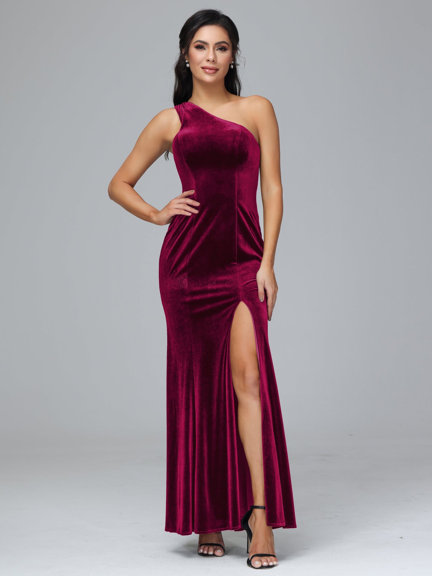 One Shoulder Velvet Bridesmaid Dress With Slit