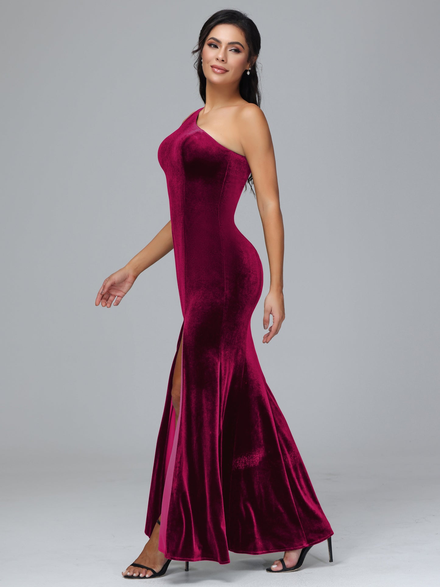 One Shoulder Velvet Bridesmaid Dress With Slit