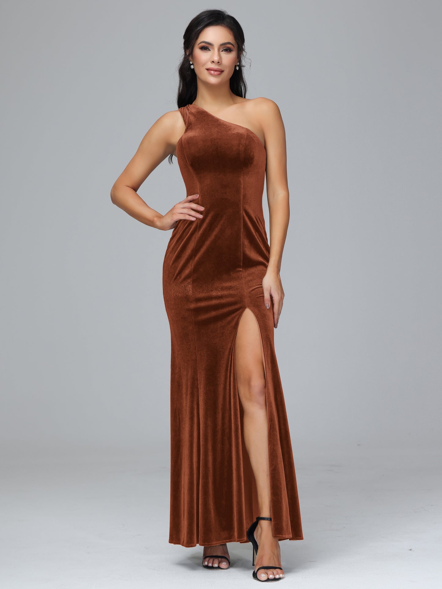 One Shoulder Velvet Bridesmaid Dress With Slit