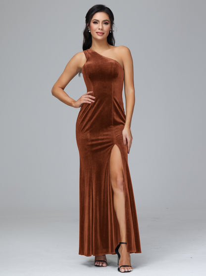 One Shoulder Velvet Bridesmaid Dress With Slit