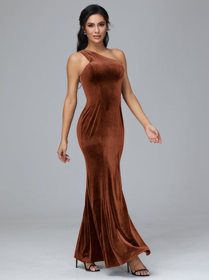 One Shoulder Velvet Bridesmaid Dress With Slit