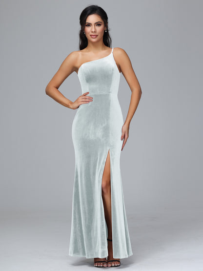 One Shoulder Plus Size Velvet Bridesmaid Dress With Slit
