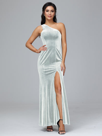 One Shoulder Velvet Bridesmaid Dress With Slit
