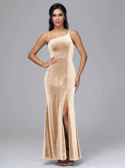 One Shoulder Plus Size Velvet Bridesmaid Dress With Slit
