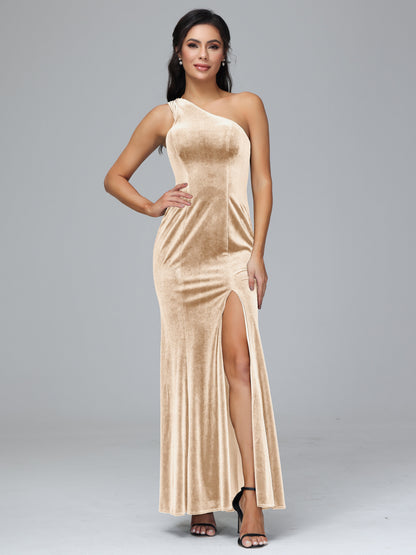 One Shoulder Velvet Bridesmaid Dress With Slit
