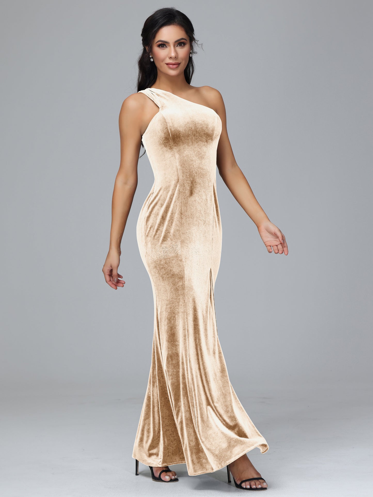 One Shoulder Velvet Bridesmaid Dress With Slit