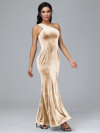 One Shoulder Velvet Bridesmaid Dress With Slit