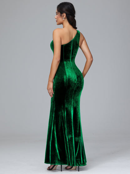 One Shoulder Velvet Bridesmaid Dress With Slit