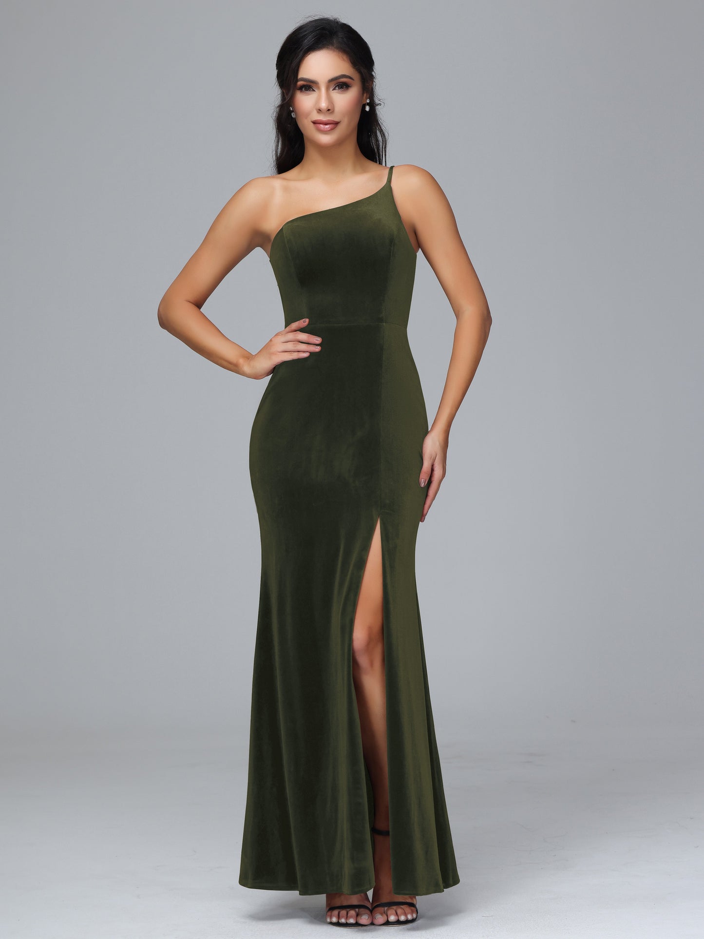 One Shoulder Plus Size Velvet Bridesmaid Dress With Slit