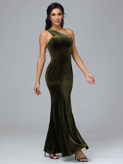 One Shoulder Velvet Bridesmaid Dress With Slit