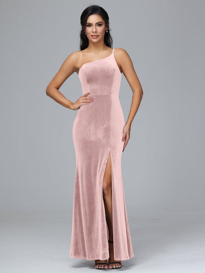 One Shoulder Plus Size Velvet Bridesmaid Dress With Slit