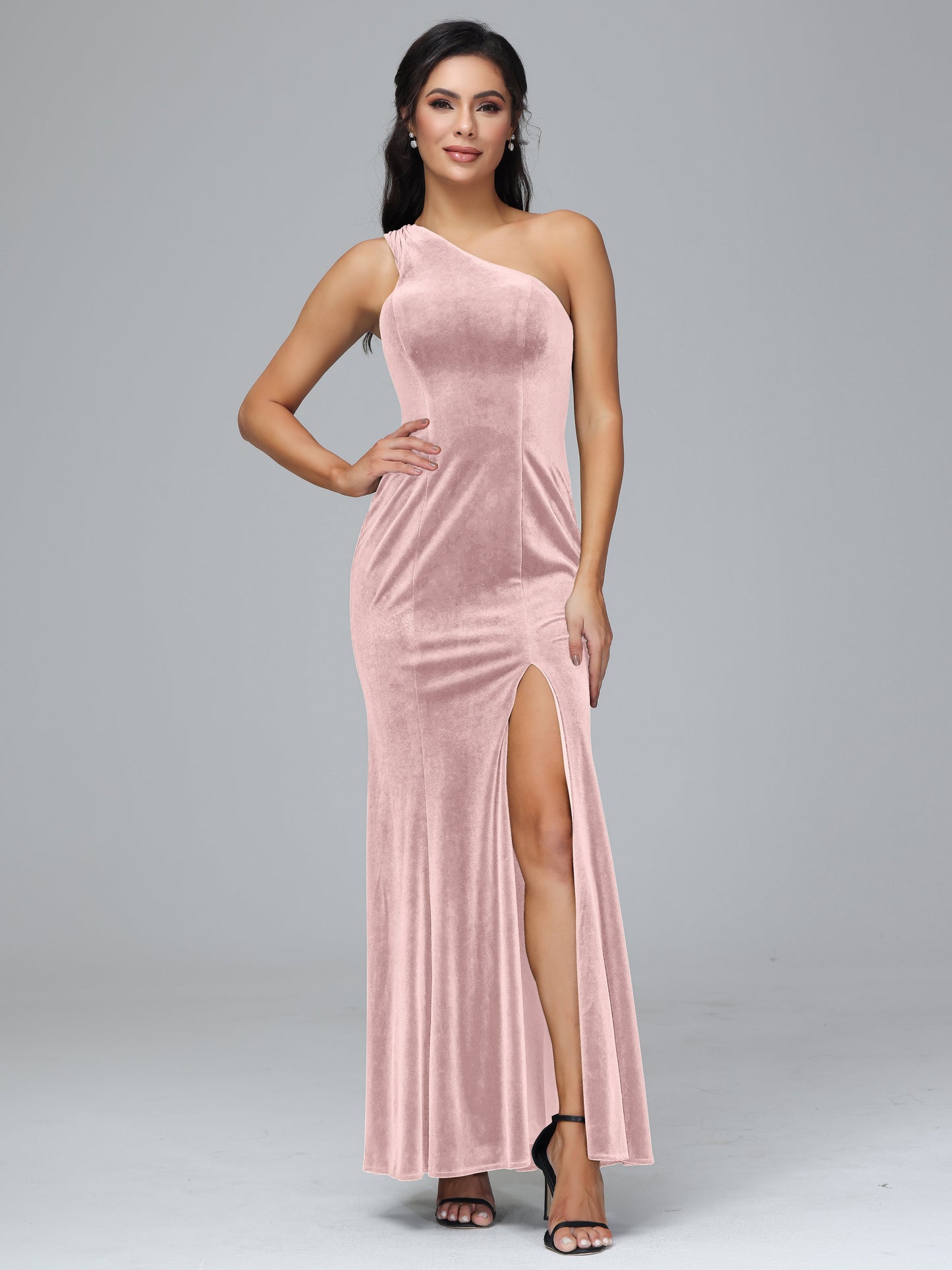One Shoulder Velvet Bridesmaid Dress With Slit