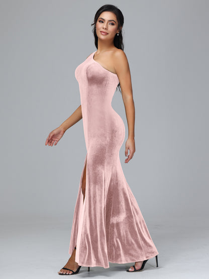 One Shoulder Velvet Bridesmaid Dress With Slit