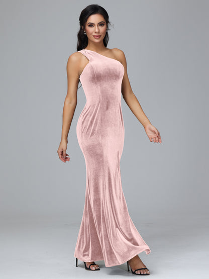 One Shoulder Velvet Bridesmaid Dress With Slit