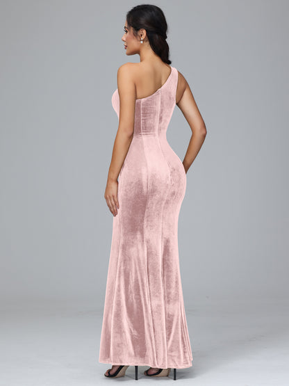 One Shoulder Velvet Bridesmaid Dress With Slit