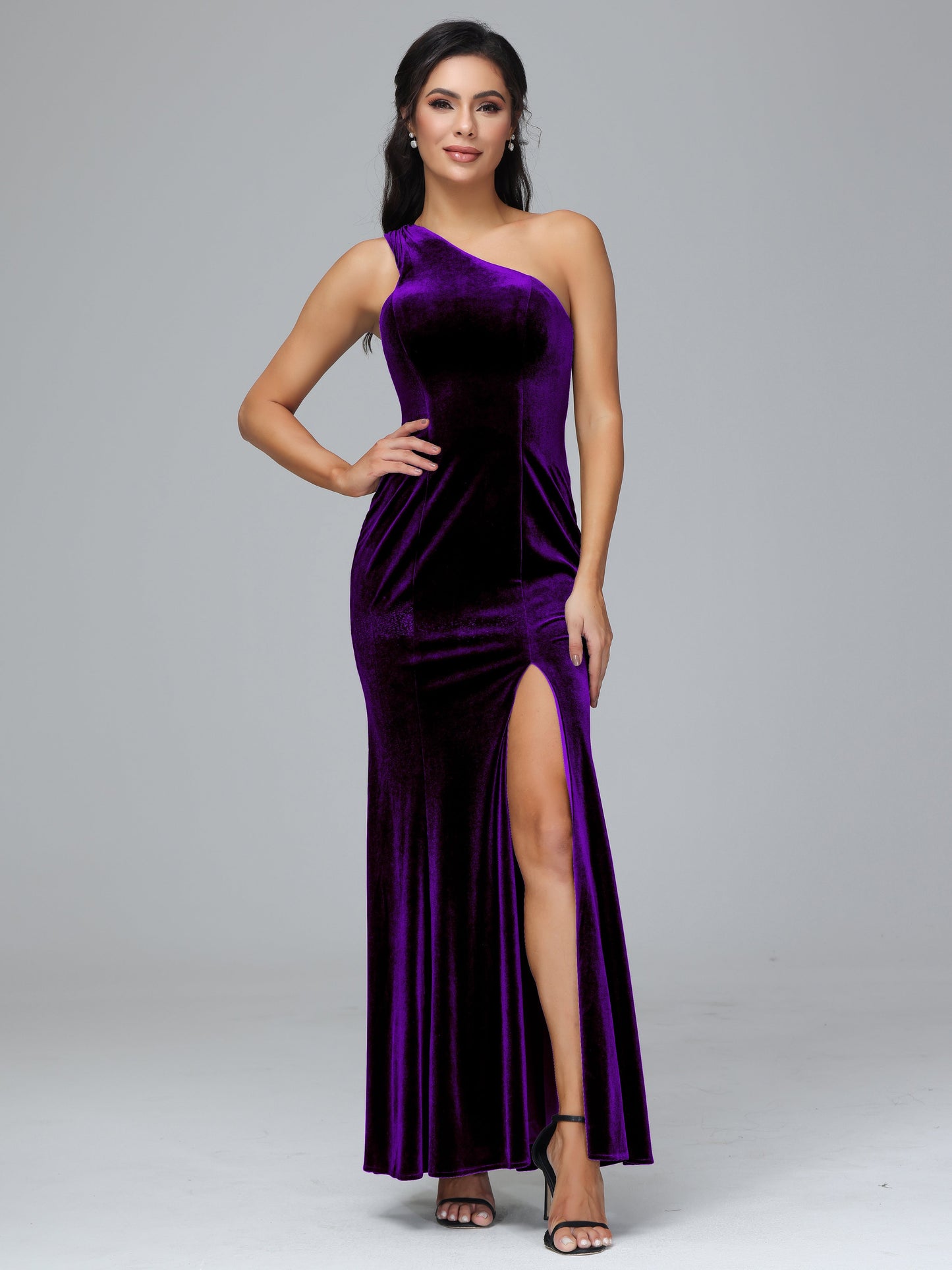 One Shoulder Plus Size Velvet Bridesmaid Dress With Slit