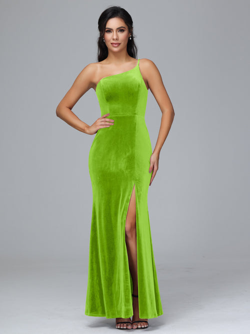 One Shoulder Plus Size Velvet Bridesmaid Dress With Slit
