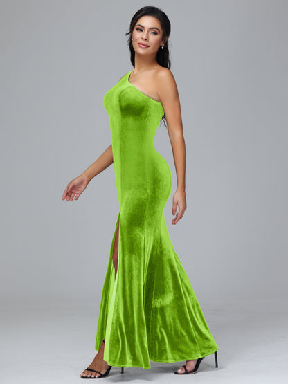 One Shoulder Velvet Bridesmaid Dress With Slit