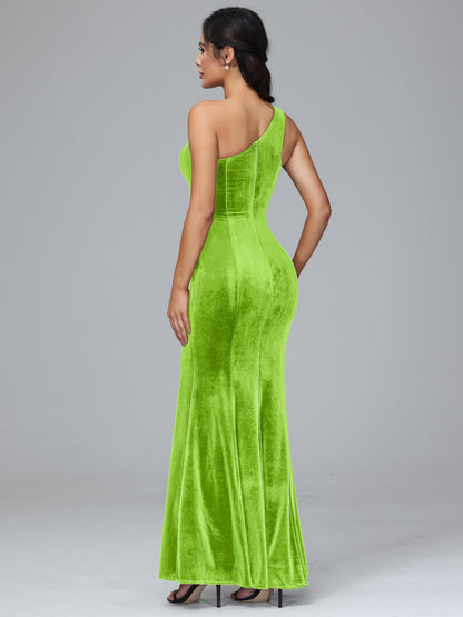 One Shoulder Velvet Bridesmaid Dress With Slit