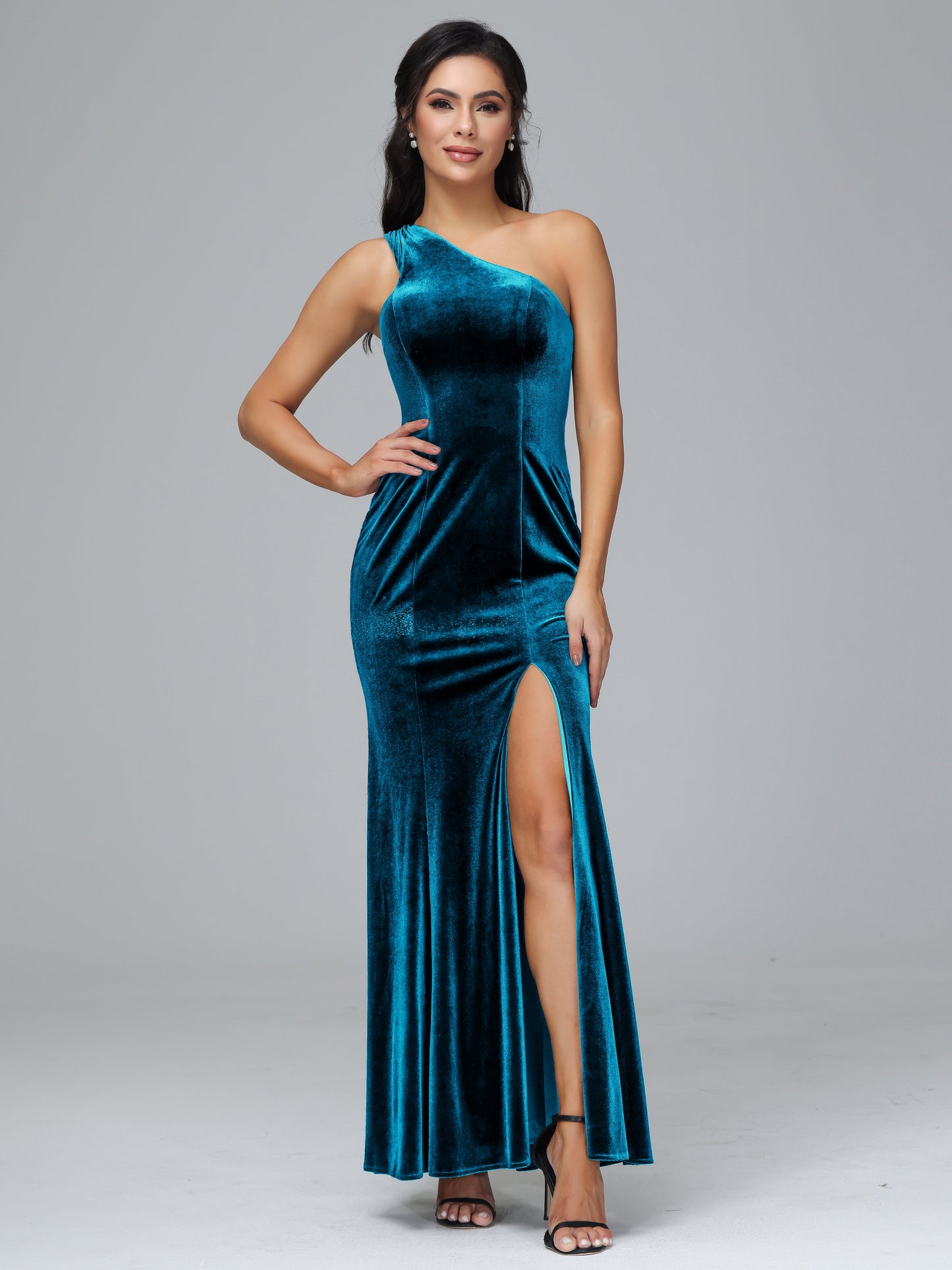 One Shoulder Velvet Bridesmaid Dress With Slit