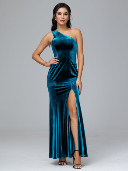 One Shoulder Velvet Bridesmaid Dress With Slit
